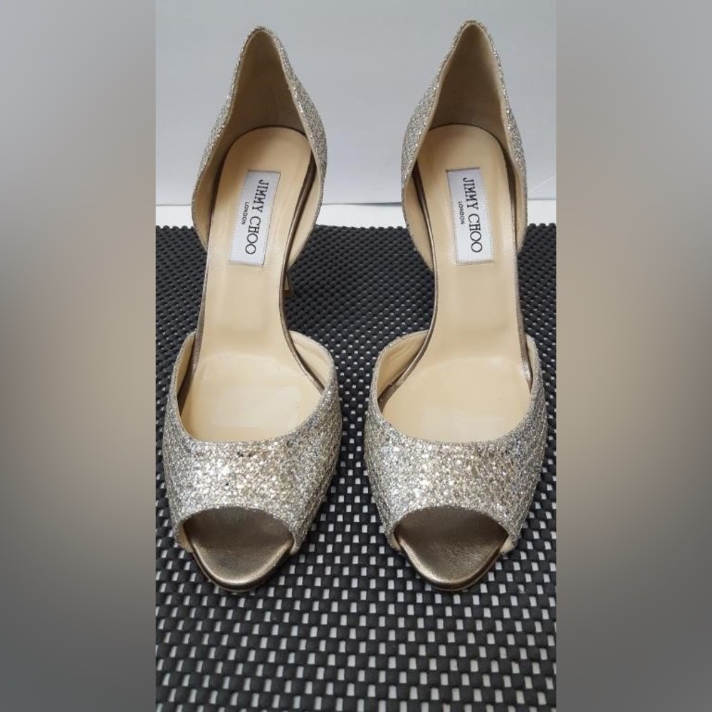 Jimmy Choo Glitter Champagne Logan D'orsay Leather Peep Toe Pumps, size 39
